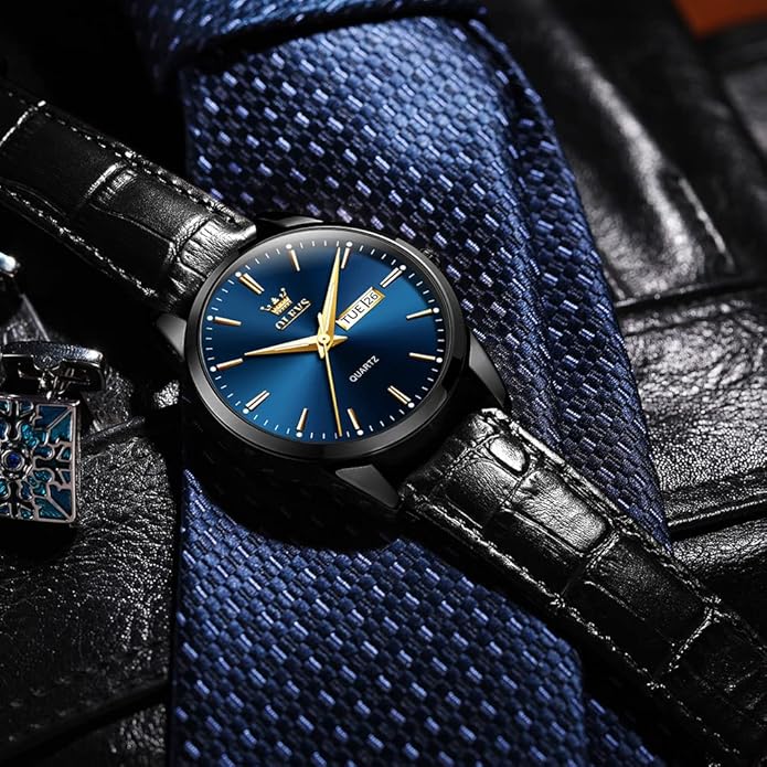 OLEVS Men's Simple Watch with Day and Date, Stainless Steel Analog Quartz Watches for Men, Classic Luminous Hands Men's Dress Watches, Black/White/Blue Dial