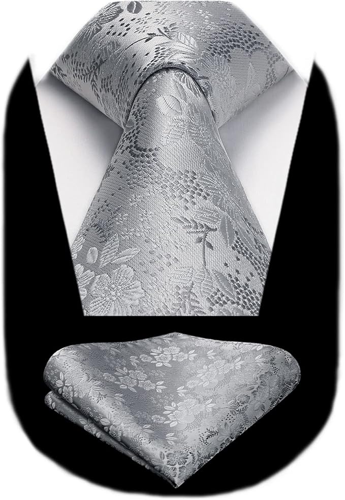 HISDERN Men Floral Ties Woven Classic 3.4" Necktie Set Formal Tie Pocket Square for Wedding with Handkerchief Gift Box