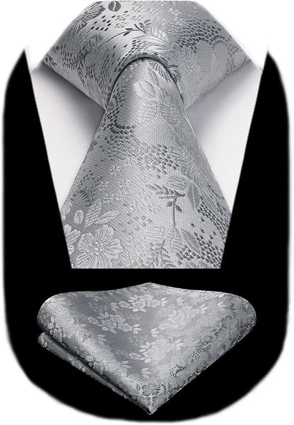 HISDERN Men Floral Ties Woven Classic 3.4" Necktie Set Formal Tie Pocket Square for Wedding with Handkerchief Gift Box