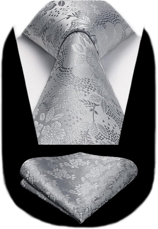 HISDERN Men Floral Ties Woven Classic 3.4" Necktie Set Formal Tie Pocket Square for Wedding with Handkerchief Gift Box