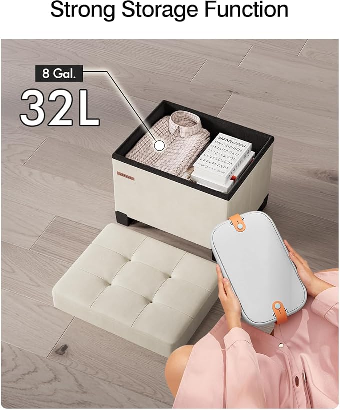 Cube Storage Ottoman, Velvet Foot Stool with Feet, Folding Storage Bench, End of Bed Bench, Storage Chest, for Living Room, Bedroom, 12.6 x 15.8 x 13.2 Inches, Cream White, ASND21W