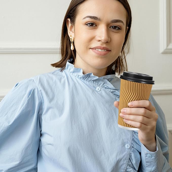 Lamosi 16 oz Disposable Coffee Cups with Lids, 50 Pack Insulated Hot Cups To Go Paper Coffee Cups with Lids and Straws, Corrugated Ripple Wall Cup for Hot Drink, Office, Coffee Bar (Champagne)