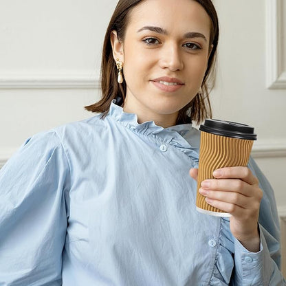 Lamosi 16 oz Disposable Coffee Cups with Lids, 50 Pack Insulated Hot Cups To Go Paper Coffee Cups with Lids and Straws, Corrugated Ripple Wall Cup for Hot Drink, Office, Coffee Bar (Champagne)