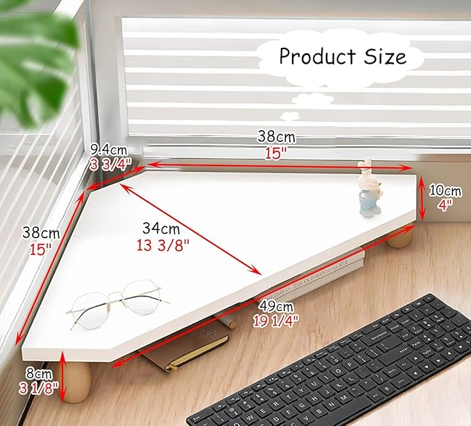 Corner Monitor Stand Cut Triangle Computer Stand for Desk, White Corner Monitor Riser with Storage, Office Desktop Wood Shelf Underneath for Keyboard Mouse, 36655