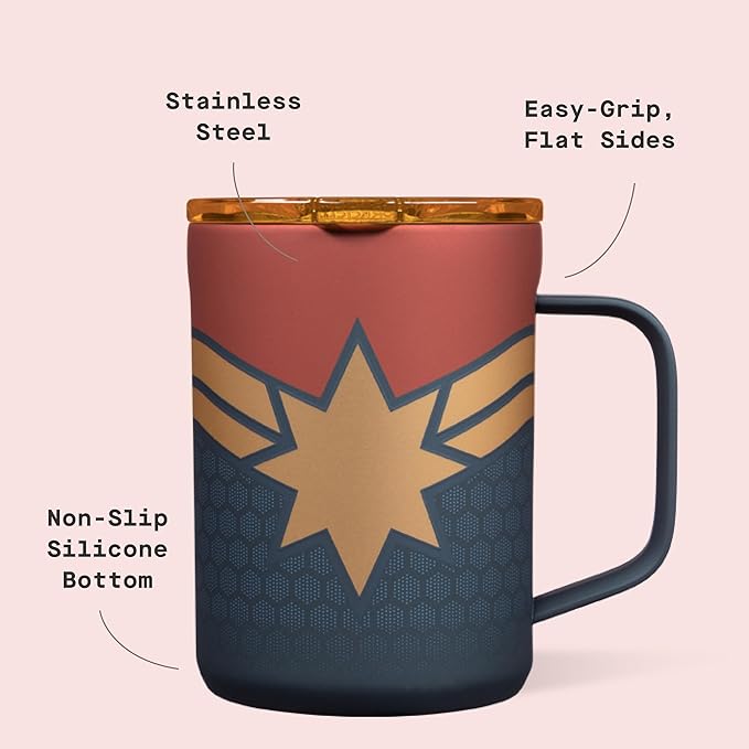 Corkcicle Classic Coffee Mug - Triple Insulated Stainless Steel for Travel - Shatter-Proof Lid - Keeps Drink Hot Over 3 Hours - Holiday Mug Gift - Great for Gifting Warmth - 16 oz - Captain Marvel