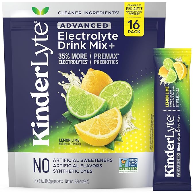 Kinderlyte Advanced Electrolyte Powder for Kids and Adults - Drink Mix Hydration Packets (Lemon Lime, 16 Count), with PreMax Prebiotics, No Artificial Sweeteners or Flavors, No Synthetic Dyes