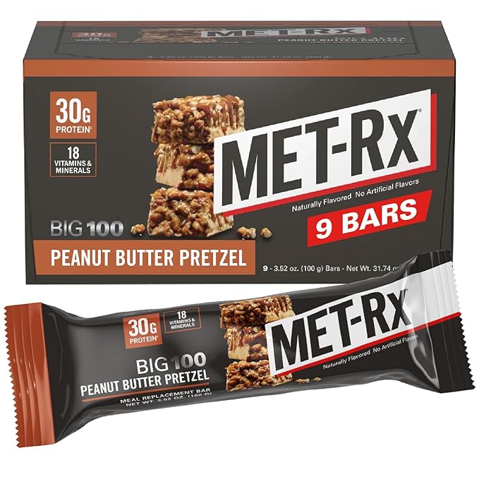 MET-Rx Big 100 Colossal Protein Bars, Great as Healthy Meal Replacement, Snack, and Help Support Energy, Peanut Butter Pretzel, With Vitamin A, Vitamin C, and Zinc, 100 g, (Pack of 9)