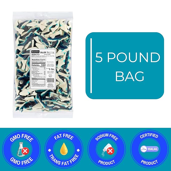 Kervan Candy Bebeto Blue Shark Gummies - Fruity, Soft & Sweet Gummy Candy Bulk for Kids, Gift Snacks and Parties - Big Party Size Bag Blue Sharks (5 lbs)