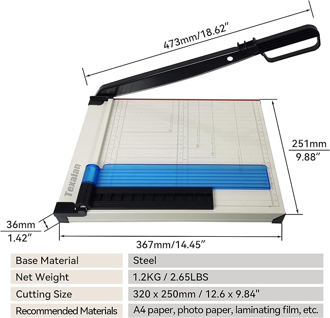 TEXALAN(R) Paper Cutter Letter Size Paper Trimmer 12” Cut Length 12 Sheet Capacity Guillotine Paper Photo Cutter with Magnet Clamp, Paper Guide, Size Guideline