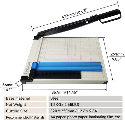 TEXALAN(R) Paper Cutter Letter Size Paper Trimmer 12” Cut Length 12 Sheet Capacity Guillotine Paper Photo Cutter with Magnet Clamp, Paper Guide, Size Guideline