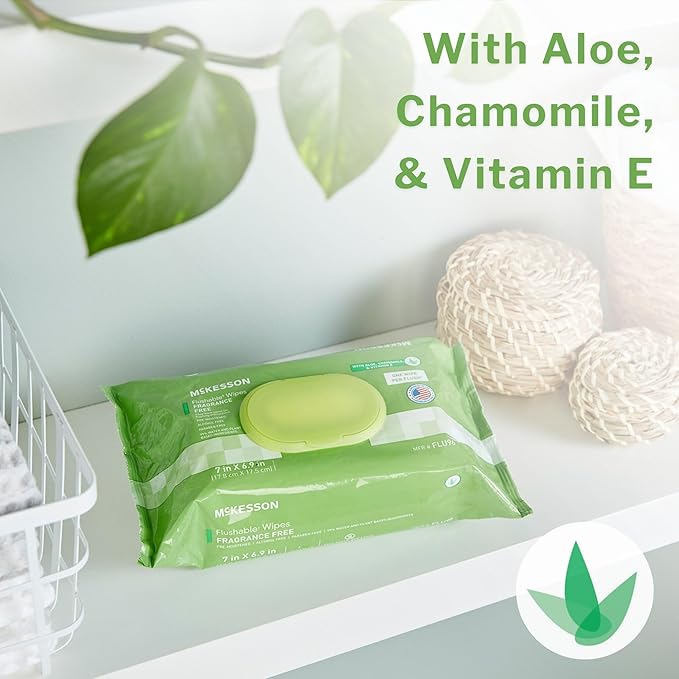 McKesson Flushable* Adult Wet Wipes – 48 Wipes (1 Pack of 48) – Aloe & Vitamin E, Plant-Based Cleansing Wipes, Unscented