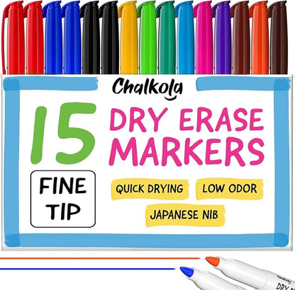 Chalkola Dry Erase Markers Fine Tip (15 Pack, 12 Colors) | Thin Point Dry Erase White Board Pens - Non toxic, Low Odor Whiteboard Markers for Kids, Teachers, Office, School, Classroom Supplies