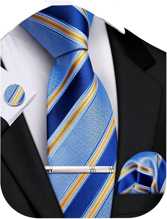 DiBanGu Mens Extra Long Tie 70inches Necktie and Pocktie Square Cufflinks Silk Ties for Tall Men with Tie Clip Wedding Party