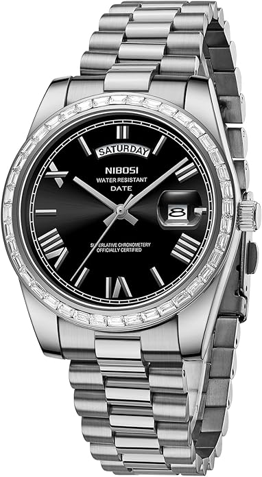 NIBOSI Men's Watches Analog Quartz Diamond Bezel Stainless Steel Dial Rose Gold Silver Watches for Men Waterproof Business Classic Dress Wrist Watch with Day Date