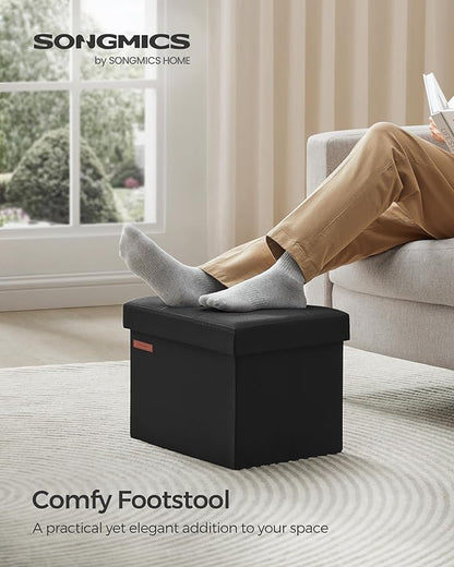 SONGMICS MAZIE Collection - Small Folding Storage Ottoman, Foot Rest Stool, 12.2 x 16.1 x 12.2 Inches, 286 lb Load Capacity, for Living Room, Bedroom, Home Office, Dorm, Ink Black ULSF102B01