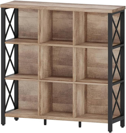 FATORRI 9 Cube Storage Bookshelf, 4 Shelf Book Shelf, Farmhouse Wood and Metal Cubby Bookcase for Home Office Kitchen (39.37 Inch W, Rustic Oak)