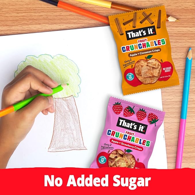 That’s it. Fruit Crunchables Apple + Strawberry Crisps, 15-Pack – 100% Real Fruit Snacks for Kids, Plant-Based, Non-GMO, Gluten-Free, No Sugar Added, Allergen-Free, Healthy Lunchbox Snack