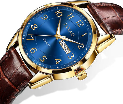 Men's Watch Big Face Easy Read Arabic Numeral Dress Watches for Men Classic Black Brown Leather Band Analog Mens Wrist Watch with Day and Date Fashion Business Waterproof Luminous Quartz Watch