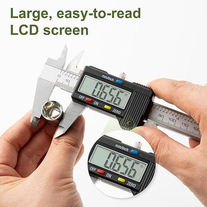 Digital Caliper 0-12" Measuring Tool with Metal Ruler, Micrometer Caliper with Auto-Off Feature, Interchangeable Between inches and millimeters for DIY/Household and 3D Printing, Black