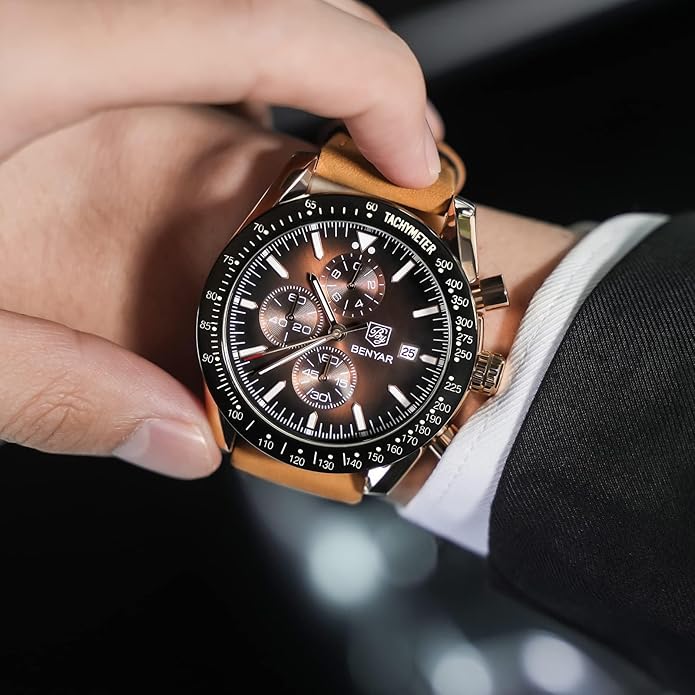 BY BENYAR Watch for Men Analog Quartz Chronograph Waterproof Luminous Designer Mens Wrist Watches Business Work Sport Casual Dress Watch with Silicone Strap Elegant Gifts for Men
