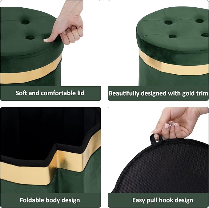 Small Ottoman with Storage,Folding Round Ottoman with Gold Trim,Velvet Storage Stool,Foot Stool with Soft Padded,Foot Rest for Living Room13“x13”x12.4(Green,1pcs)