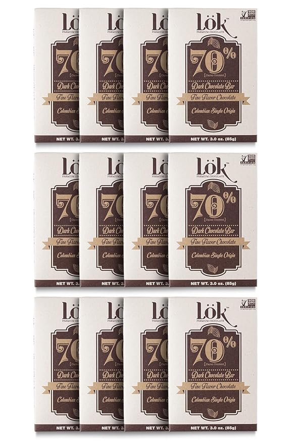 Lok Dark Chocolate Bar 70% Cacao | Fair Trade, Non GMO, Kosher, Gluten Free, Vegan, Bean-to-Bar, Paleo, Ethically Sourced Lök | 3.0 Ounce 12 Pack