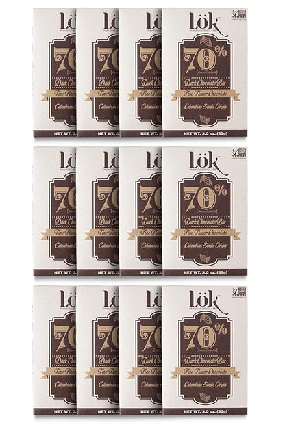 Lok Dark Chocolate Bar 70% Cacao | Fair Trade, Non GMO, Kosher, Gluten Free, Vegan, Bean-to-Bar, Paleo, Ethically Sourced Lök | 3.0 Ounce 12 Pack