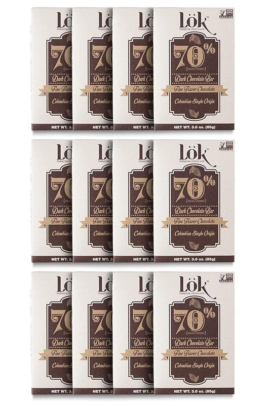 Lok Dark Chocolate Bar 70% Cacao | Fair Trade, Non GMO, Kosher, Gluten Free, Vegan, Bean-to-Bar, Paleo, Ethically Sourced Lök | 3.0 Ounce 12 Pack