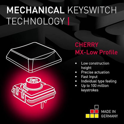 Cherry MX-LP 2.1 Compact Wireless Gaming Keyboard. RGB MX Silver Speed Switches. RGB Lighting Low-Profile MX Precision switches. 65% Size. 68 Keys. (Black & Orange)