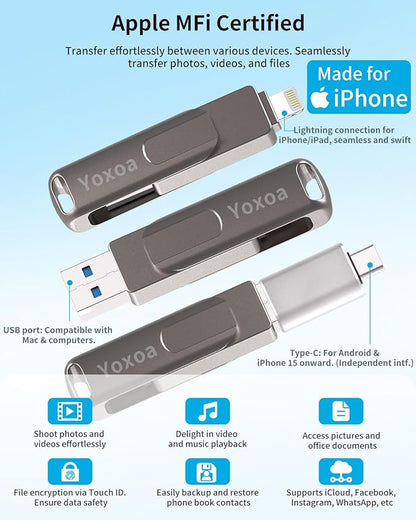 MFi Certified 256GB Flash Drive for iPhone & iPad, High-Speed Photo Stick for External Memory Storage, Backup & Transfer Files, USB Stick for iPhone/iPad/iOS/Android/PC (Available Space: ~244GB)Black