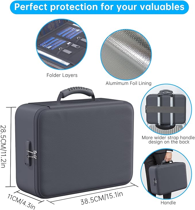 ENGPOW 5200°F Fireproof Document Bag with Lock, Upgraded Heat Insulated Fireproof＆Waterproof Box 8 Layers Document Organizer, Portable Home Travel Safe Storage Box for Important Files, Laptop, Gray