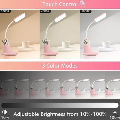Sailstar Pink Desk Lamp, Small Desk Lamp with Pen Holder, Wireless Charger LED Desk Lamps for Home Office, Kids Desk Lamps 800LM Flexible Arm 3 Modes Dimmable Touch, Study Lamps for College Dorm Room