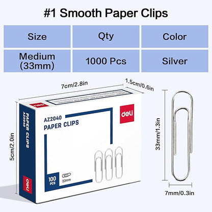 Deli #1 Smooth Paper Clips, 1000 Medium Paper Clips, 10 Boxes of 100 Each, Silver