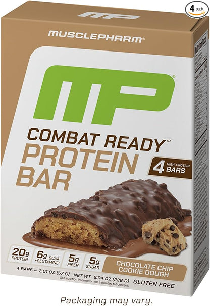 Muscle Pharm Combat Ready Chocolate Chip Cookie Dough Protein Bar,High Protein Bars,Combat Cravings,Fuel Performance & Meet Energy Demands,20g Protein from Whey Protein,5g Fiber,Gluten Free,4 Bars
