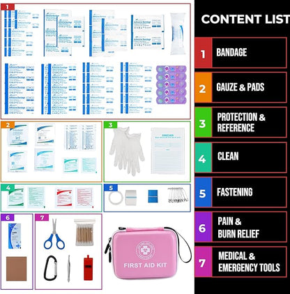 Small First Aid Kit - 165 Piece Dual-Color Emergency Medical Kit with Hard Shell & Fluorescent Exterior Coating, Emergency First Aid Kit for Home, Car, Travel, Hiking & Outdoor(Pink/White)