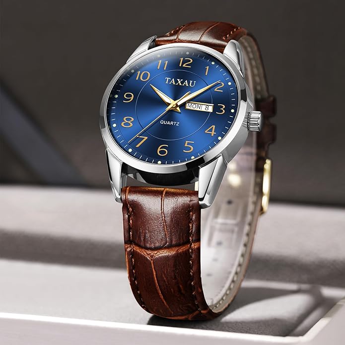 Men's Watch Big Face Easy Read Arabic Numeral Dress Watches for Men Classic Black Brown Leather Band Analog Mens Wrist Watch with Day and Date Fashion Business Waterproof Luminous Quartz Watch