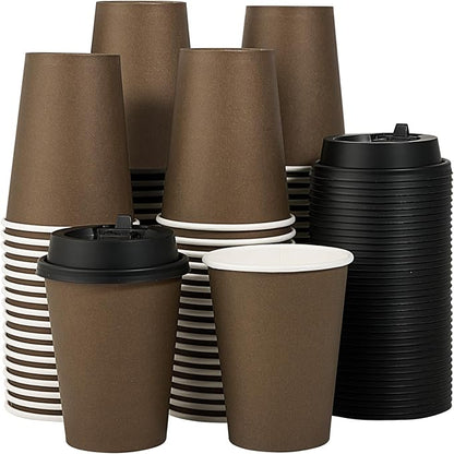 LITOPAK 100 Pack 12 oz Disposable Paper Coffee Cups with Lids for Coffee, Water, Juice, or Tea, Brown Hot Paper Cups for Home, Restaurant, Store, and Cafe