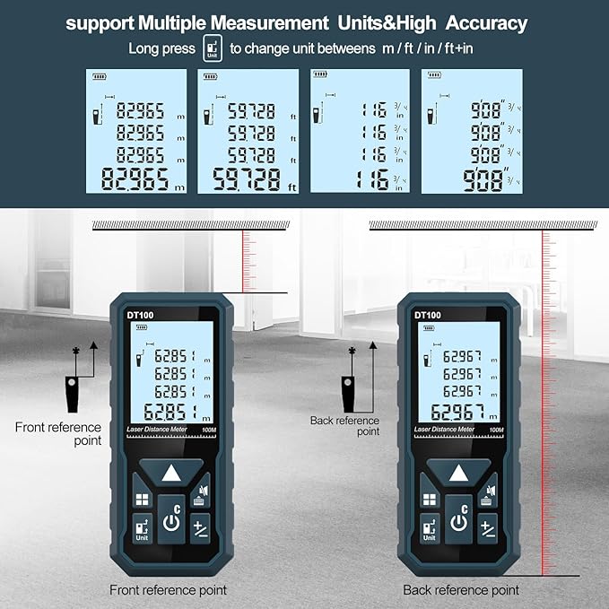 HANMATEK Laser Measure 328 Feet Digital Laser Tape Measure M/in/Ft Unit Switching Backlit LCD and Pythagorean Mode, Measure Distance, Area and Volume - Hand Strap and Battery Included DT100