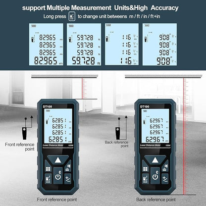 HANMATEK Laser Measure 328 Feet Digital Laser Tape Measure M/in/Ft Unit Switching Backlit LCD and Pythagorean Mode, Measure Distance, Area and Volume - Hand Strap and Battery Included DT100