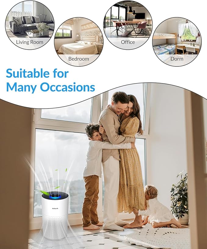 Air Purifiers for Home Bedroom, ADTARK Air Cleaner with H14 True HEPA 3-in-1 Filter, Sleep Mode & Aroma Function, 3 Light Modes, Room Air Purifier with 3 Timer for Office, Dorm, Hotel (White)