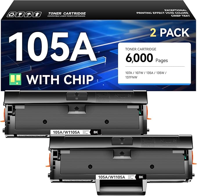 105A Toner Cartridge Black Combo 2-Pack with Chip High Yield Replacement for HP 105A W1105A Toner Cartridges Compatible with HP Laser MFP 135a 135w 137fnw 107a 107w Printer Ink 135 137 107 All-in-One