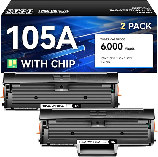 105A Toner Cartridge Black Combo 2-Pack with Chip High Yield Replacement for HP 105A W1105A Toner Cartridges Compatible with HP Laser MFP 135a 135w 137fnw 107a 107w Printer Ink 135 137 107 All-in-One
