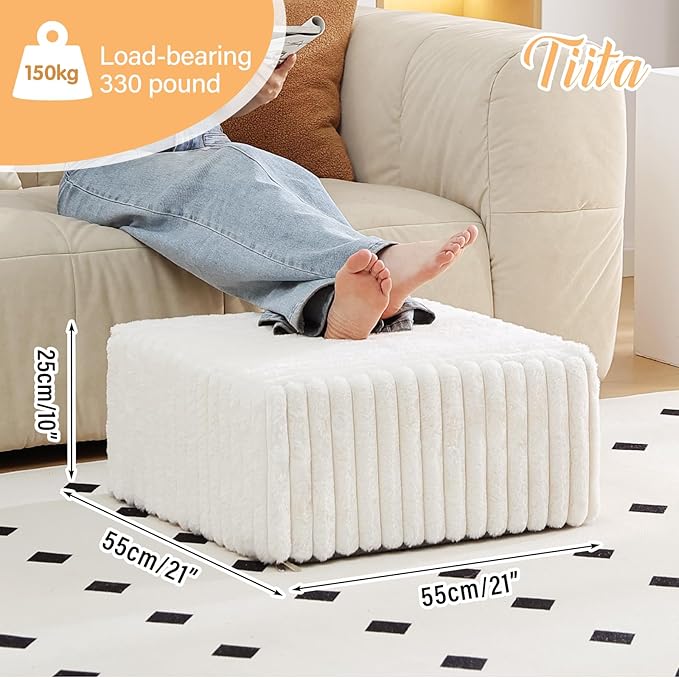 Tiita Suqre Stuffed Pouf Ottoman, Stripe Poufs 21×21×10 inch with Foam Chunk Filling, Floor Bean Bag Floor Chair Storage for Living Room Bedroom Home Decor, Beige