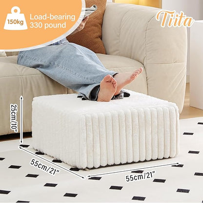 Tiita Suqre Stuffed Pouf Ottoman, Stripe Poufs 21×21×10 inch with Foam Chunk Filling, Floor Bean Bag Floor Chair Storage for Living Room Bedroom Home Decor, Beige
