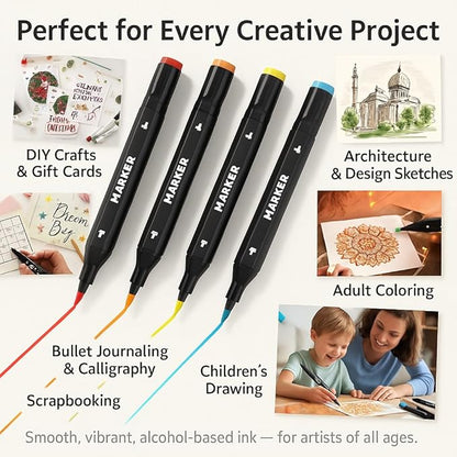 Alcohol Markers Set, 120 Colors Dual Brush Tip Permanent Art Markers for Coloring, Drawing, Sketching, Illustration & Card Making, Art Supplies Gift for Adults, Artists & Kids