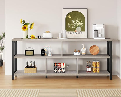 IBF Grey Bookshelf, Industrial 63” Long Open Book Shelf, Wide 5 Cube Gray Horizontal Bookcase for Home Bedroom, 3 Tier Wood Metal Low Cubby Storage Organizer Shelf for Living Room, Light Grey Oak