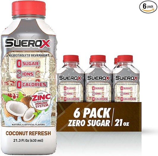 SueroX Sugar Free Sports Drink for Hydration and Recovery, Electrolyte Hydration Drink with 8 Ions, Zero Calorie Sports Drinks, Coconut Refresh, 21.3 Fl Oz, 6 Count