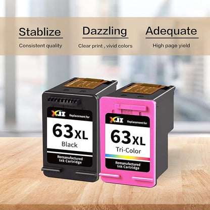 XJI Remanufactured Ink Cartridges Replacement for HP Ink 63 XL 63XL (Black, Tri-Color Combo Pack), Work for OfficeJet 3830 3833 5255 5258 5260 Envy 4510 4520 4650 DeskJet 2132 3630 Printer