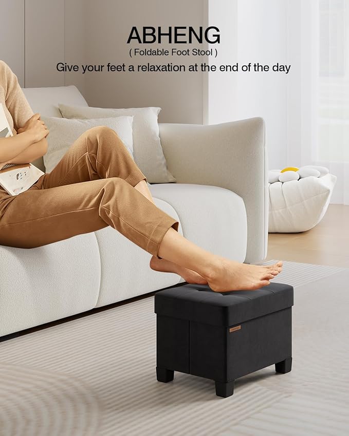 Cube Storage Ottoman, Velvet Foot Stool with Feet, Folding Storage Bench, End of Bed Bench, Storage Chest, for Living Room, Bedroom, 12.6 x 15.8 x 13.2 Inches, Black, ASND21B