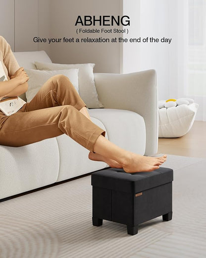 Cube Storage Ottoman, Velvet Foot Stool with Feet, Folding Storage Bench, End of Bed Bench, Storage Chest, for Living Room, Bedroom, 12.6 x 15.8 x 13.2 Inches, Black, ASND21B